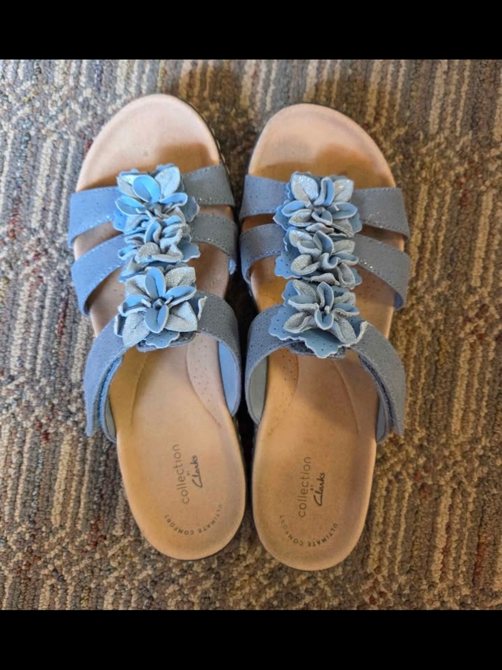 Clarks Women's Light Blue Floral Strap Slide Sandals